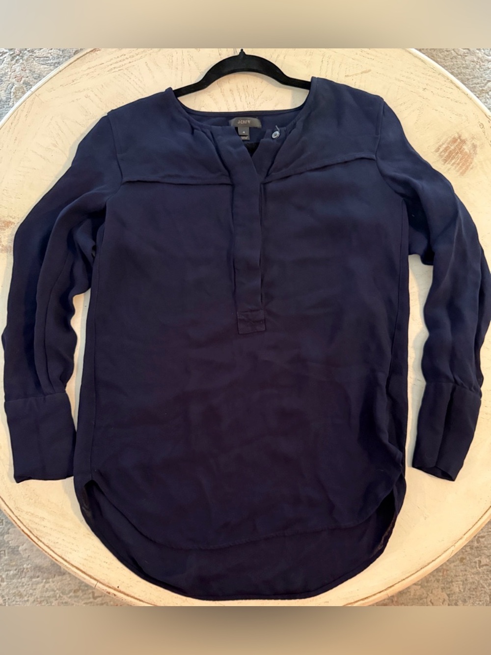 J.Crew navy blue viscose long sleeved high-low henley split neck top sz 4
